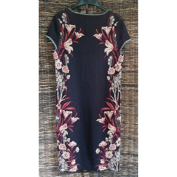 Anthropologie Knitted & Knotted Moretta Silk Floral Sweater Dress Medium Black - Picture 2 of 8
